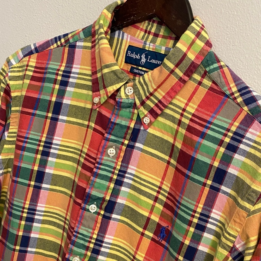Ralph Lauren Multicolor Madras Plaid Custom Fit Button-Down Shirt. Blue Pony. L